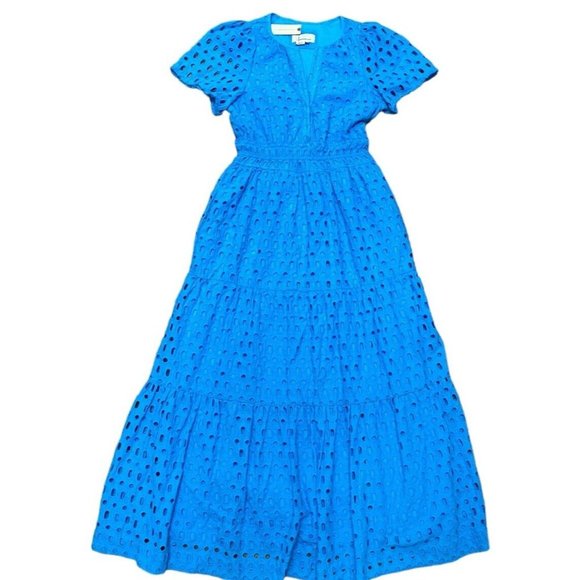 Anthropologie Sz S Dress The Somerset Maxi Eyelet turquoise Blue Tiered V-neck - Picture 2 of 16